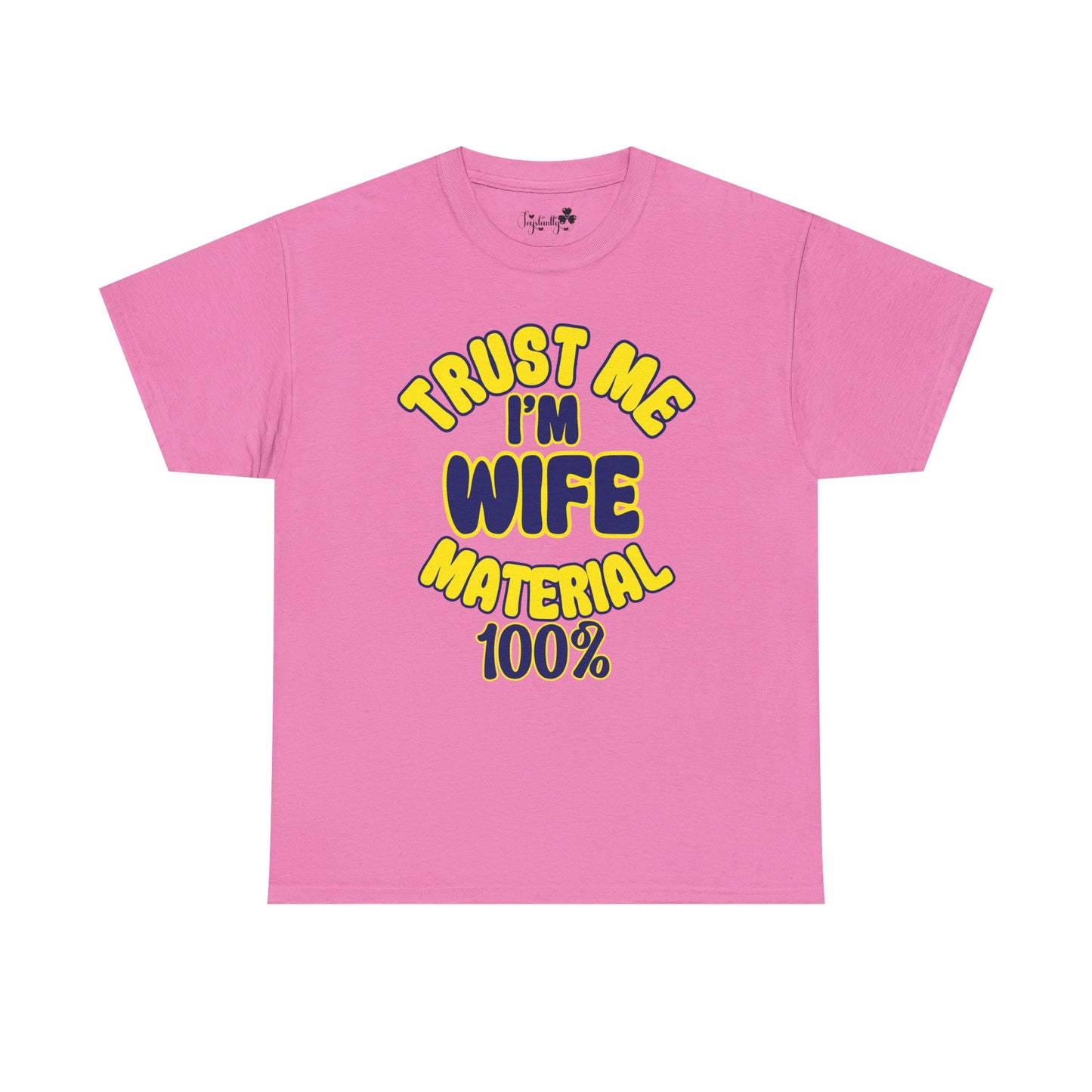 Pink t-shirt with yellow and blue text on a white background