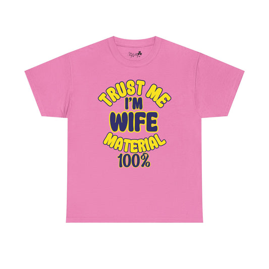 Pink t-shirt with yellow and blue text on a white background