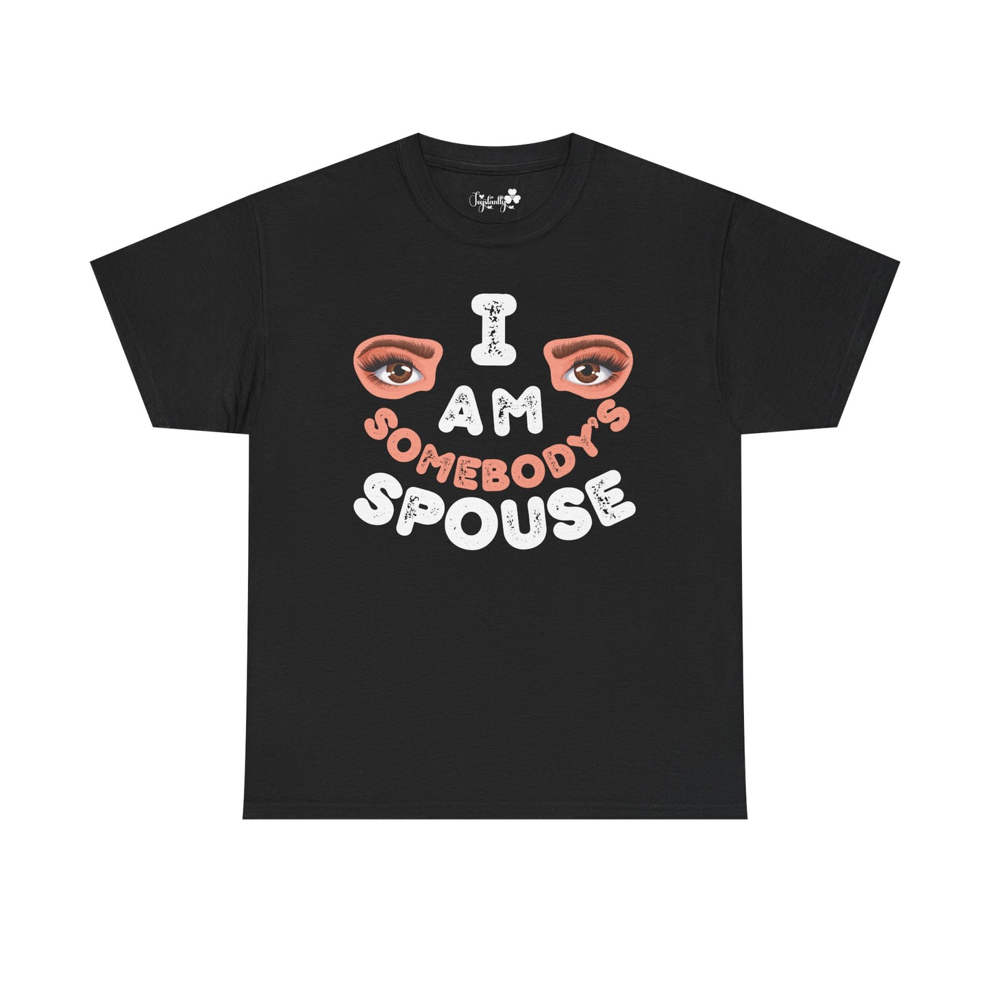Black t-shirt with graphic design and text on a white background