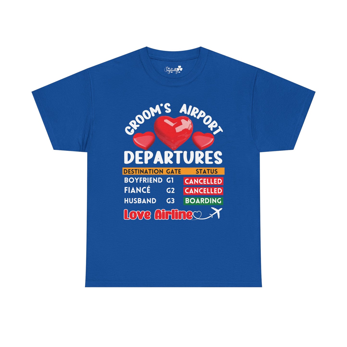 Blue t-shirt with humorous text and graphics on a white background