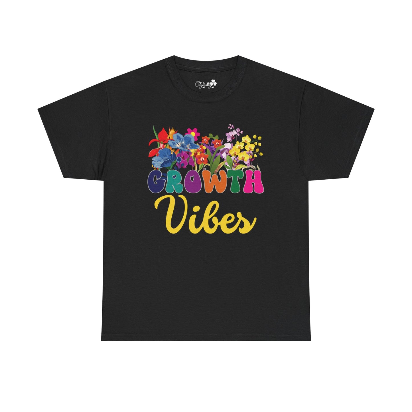 Motivational T-shirt for positive affirmations. Black t-shirt with colorful floral design and 'Growth Vibes' text on a white background