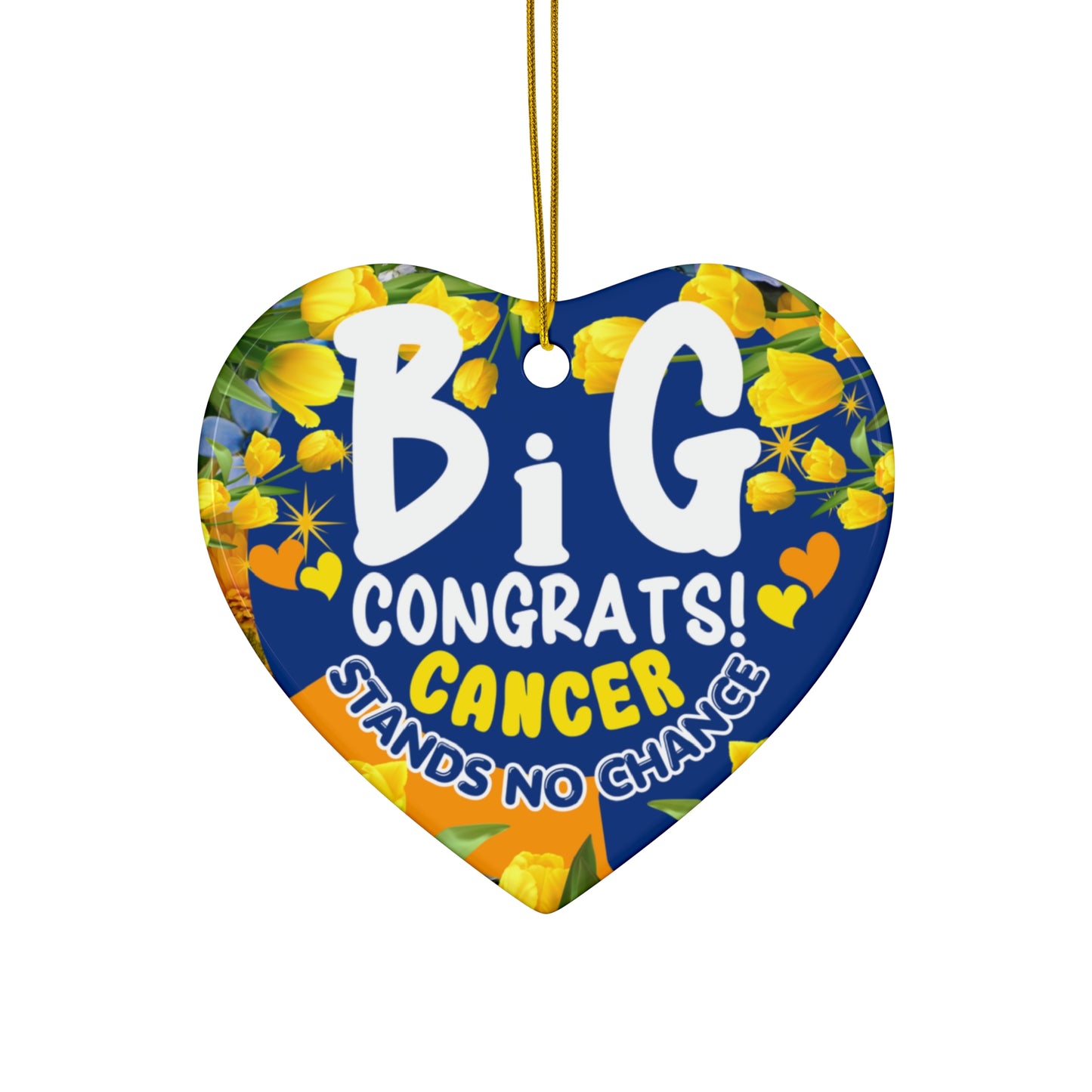 Cancer Motivational Ceramic Ornament of Victory. Heart-shaped decorative item with floral design and text on a white background