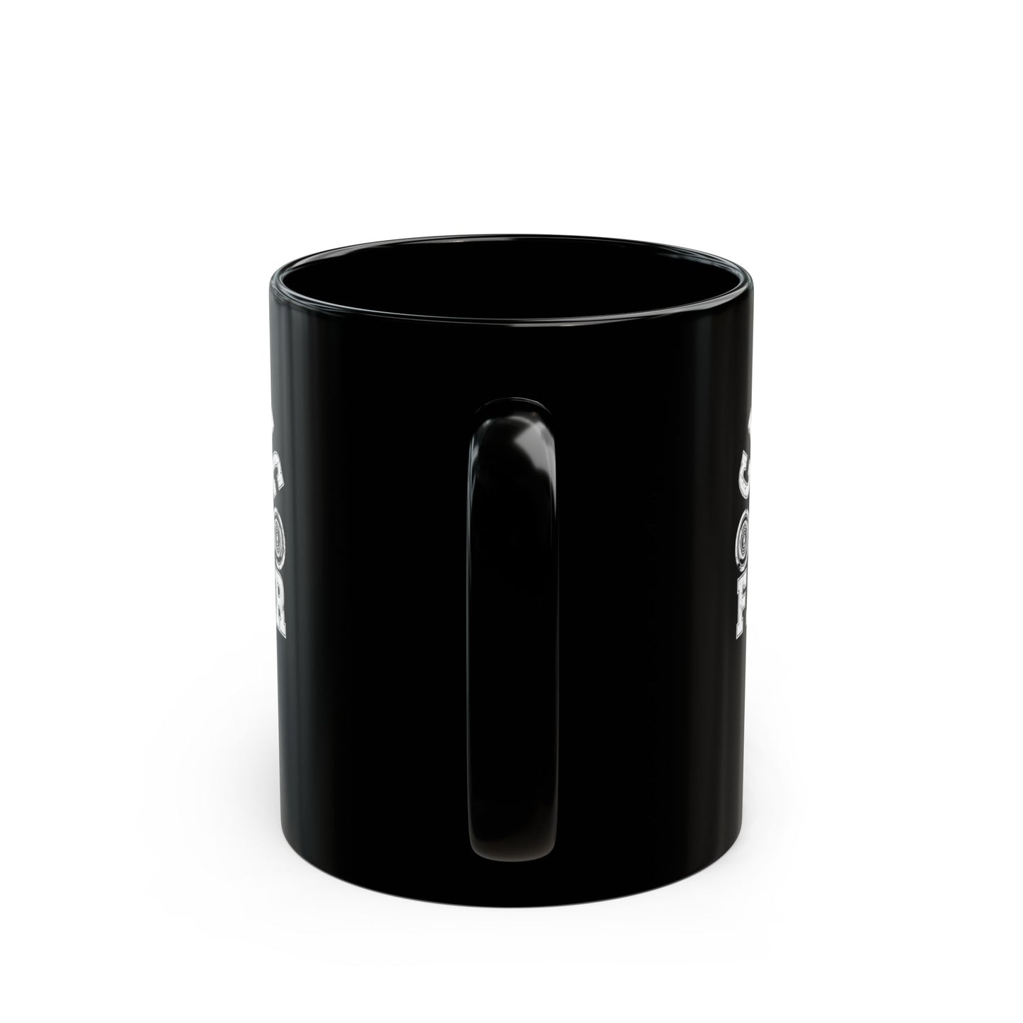 Black mug with white graphics on a white background
