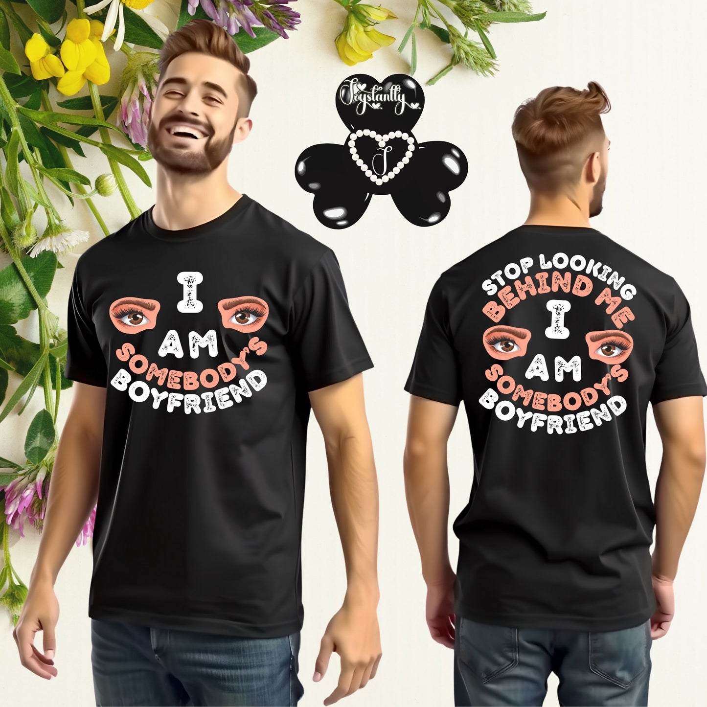 Person wearing a black t-shirt with a humorous message, standing next to flowers.