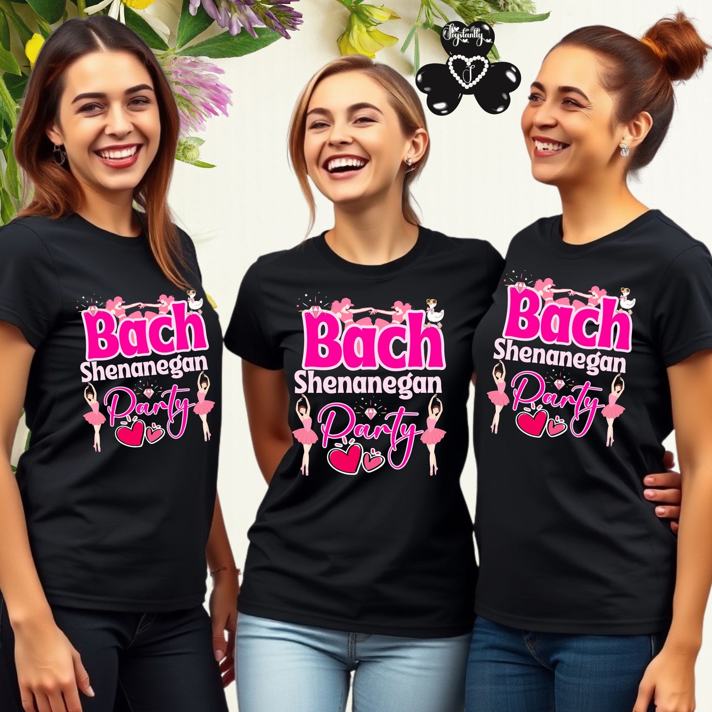 Three women wearing black t-shirts with pink and white text and graphics.