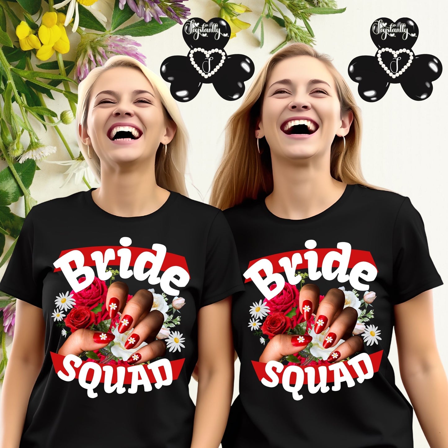 Two women wearing black 'Bride Squad' t-shirts with floral designs and text.