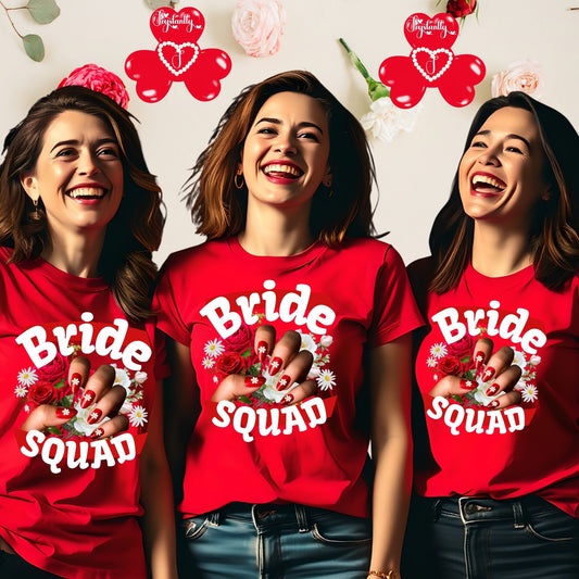 Three women wearing red 'Bride Squad' t-shirts with floral designs, surrounded by decorative elements.