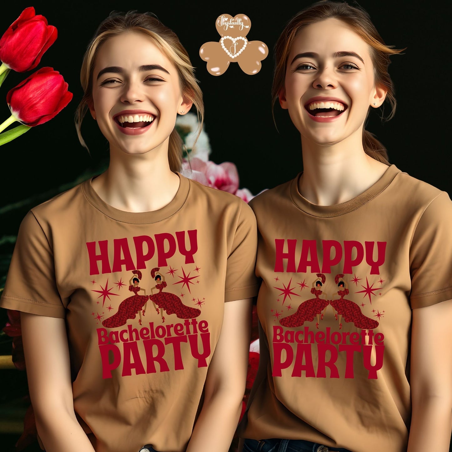 Two women wearing 'Happy Bachelorette Party' shirts with red tulips in the background.