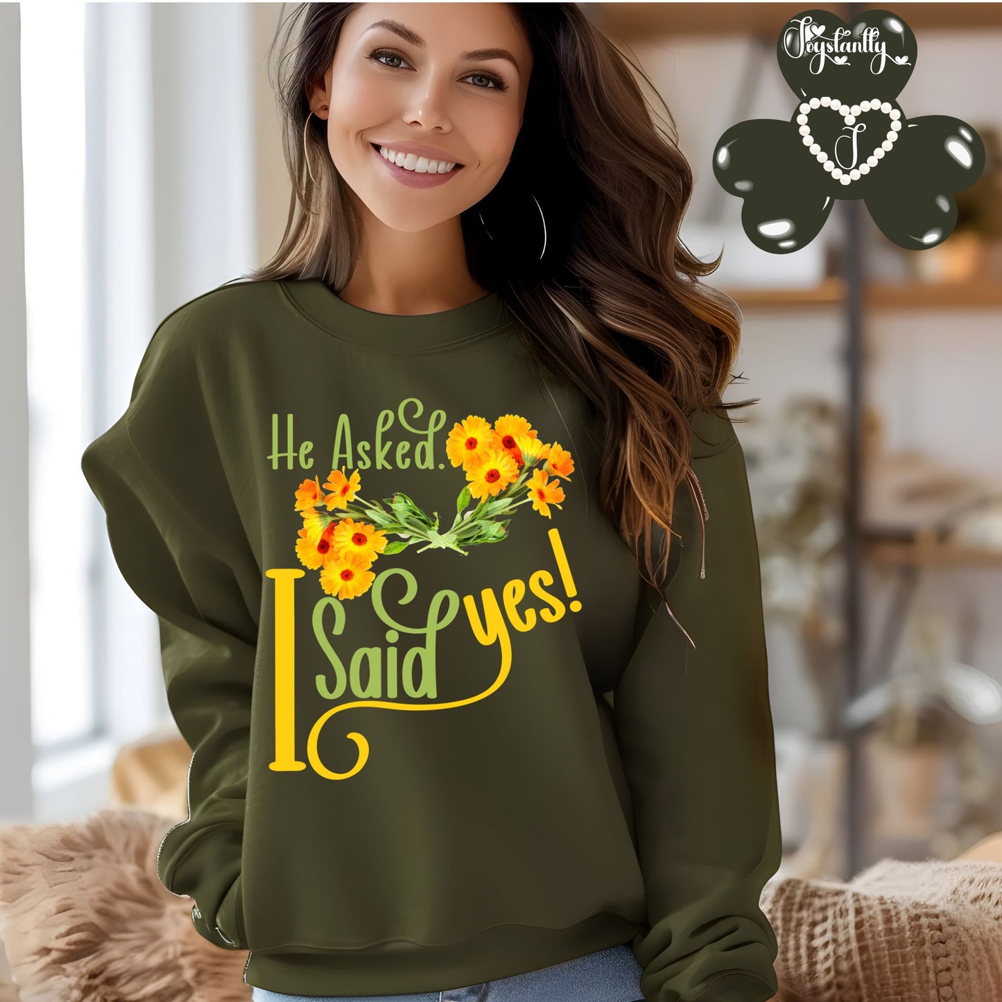 Engagement military green sweatshirt for bride and bridal party.