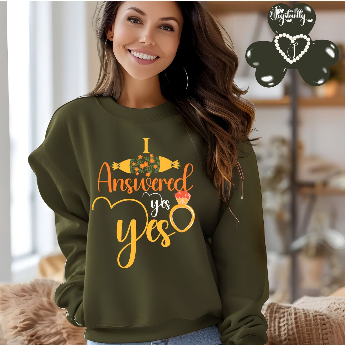 Engagement military green sweatshirt for bride and bridal party.