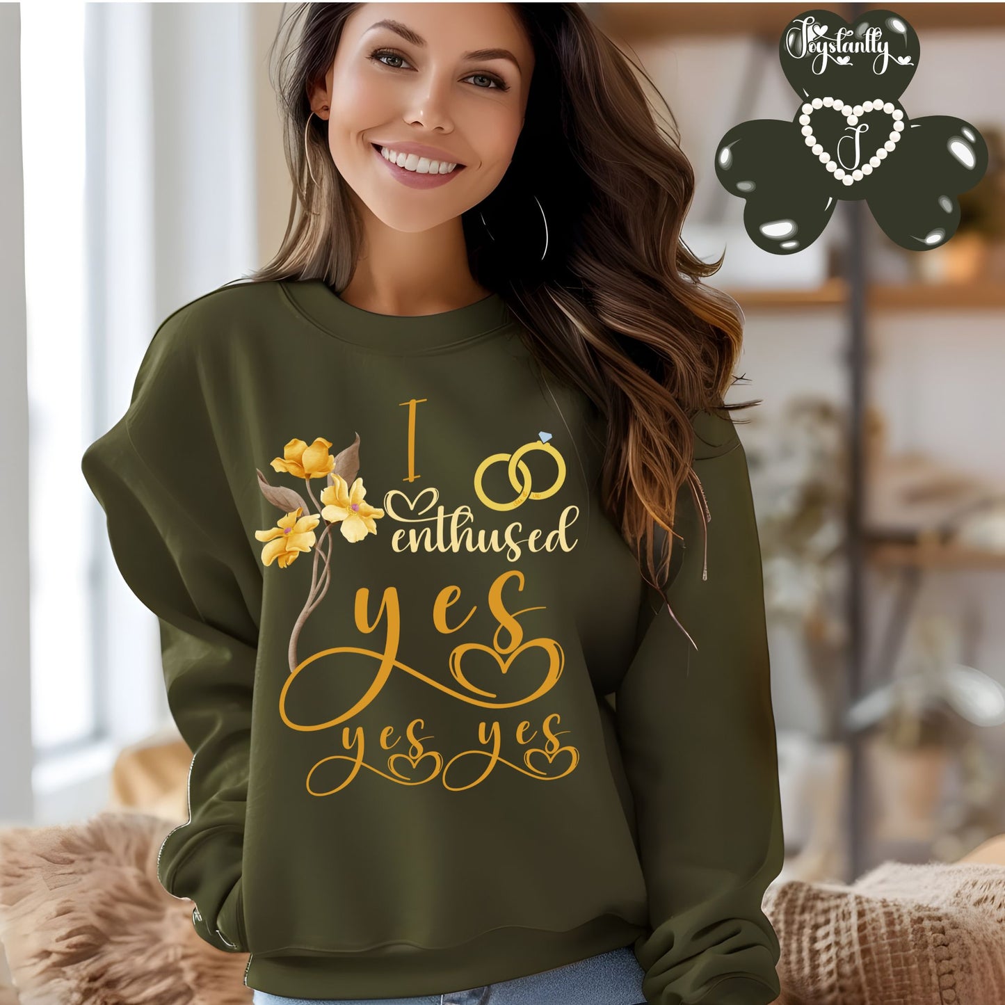 Engagement military green sweatshirt for bride and bridal party.