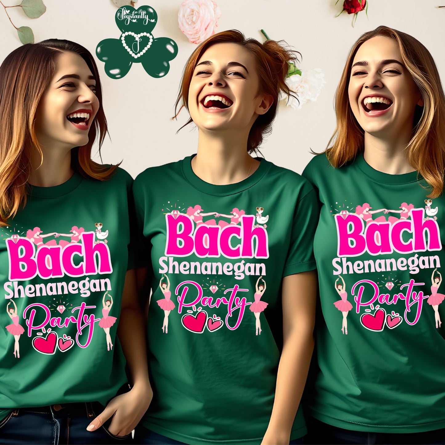 Three women wearing green t-shirts with 'Bach Shenanigan Party' text and graphics.