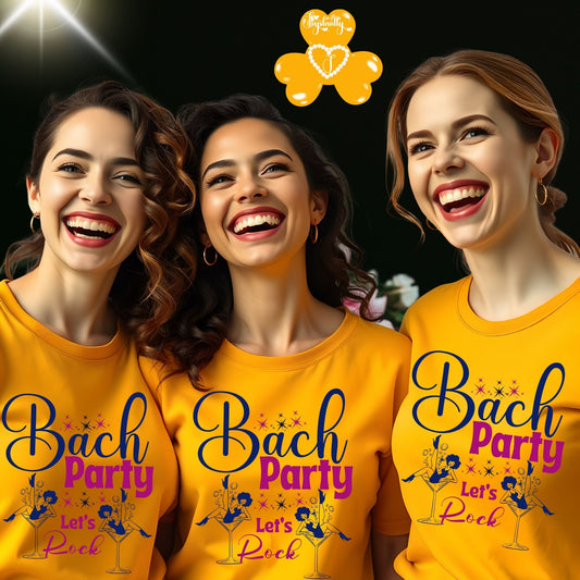 Three women wearing yellow 'Bach Party' t-shirts with a celebratory design.