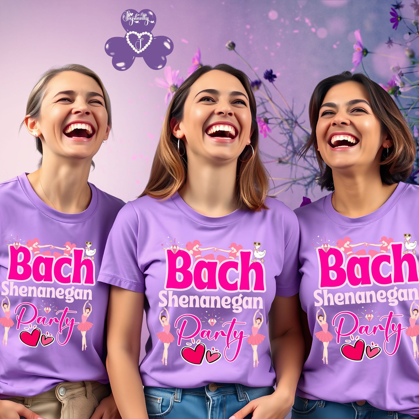 Three women wearing purple t-shirts with 'Bach Shenanegan Party' text and graphics on a purple background.