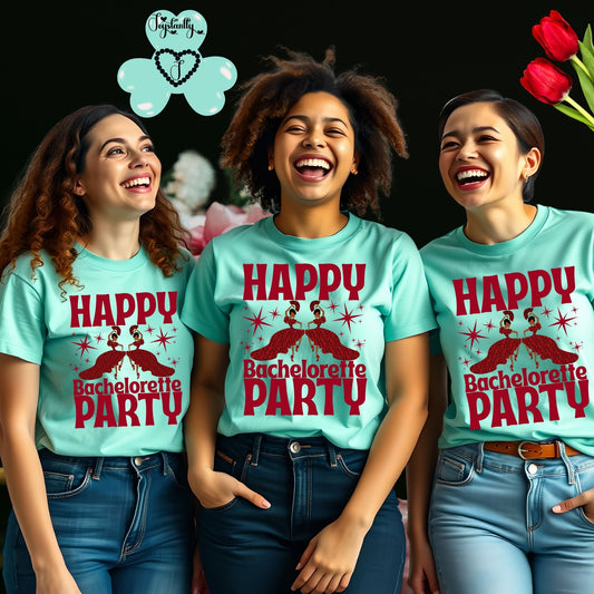 Three women wearing 'Happy Bachelorette Party' t-shirts with a floral arrangement in the background.