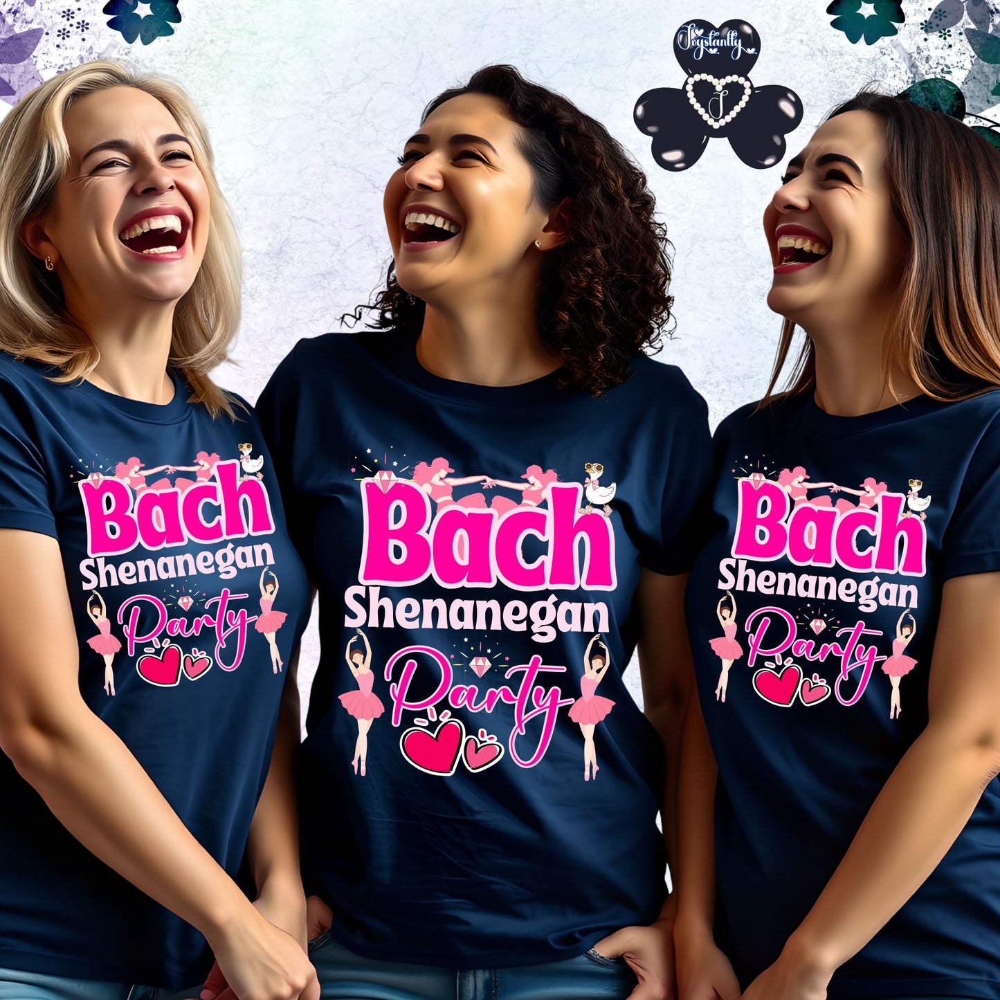 Three women wearing navy blue t-shirts with 'Bach Shenanegan Party' text and graphics.
