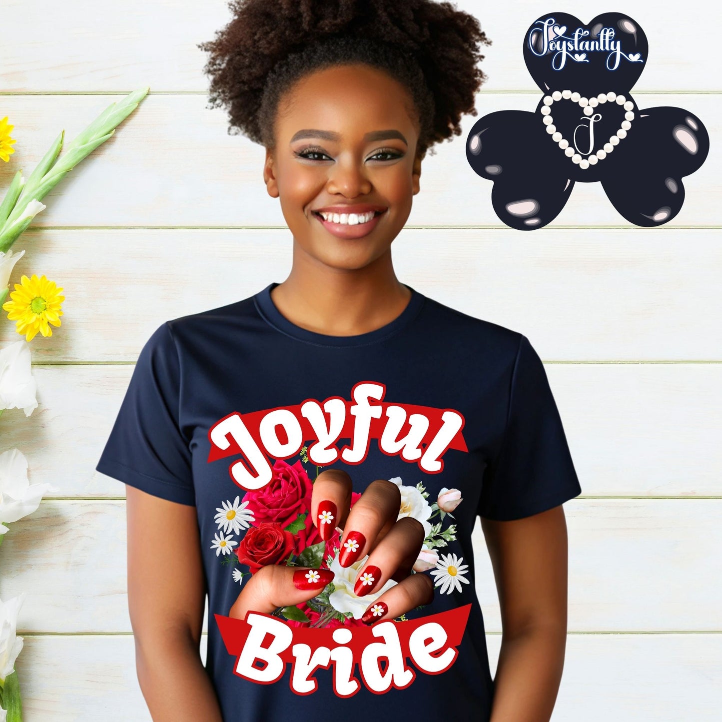 Floral cute bachelorette party shirt. Woman wearing a navy blue t-shirt with 'Joyful Bride' design, surrounded by flowers and decorative elements.