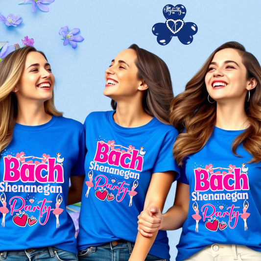 Three women wearing blue t-shirts with 'Bach Shenanigan Party' text on a light blue background.
