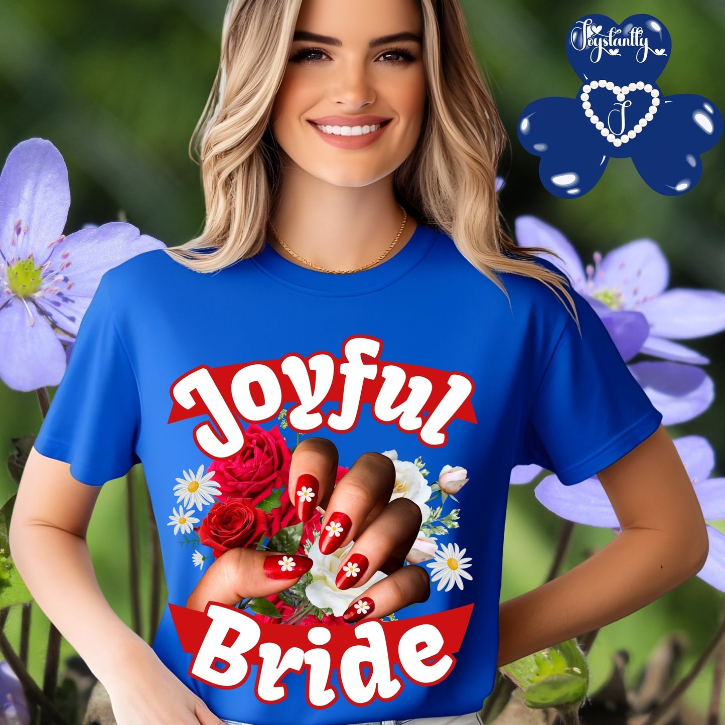 Floral cute bachelorette party shirt. Woman wearing a blue t-shirt with 'Joyful Bride' design in a floral setting