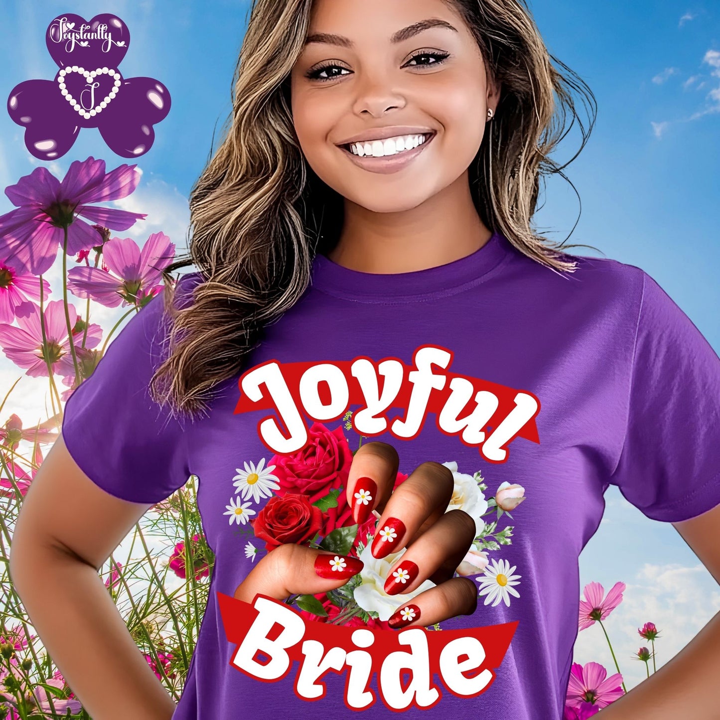 Floral cute bachelorette party shirt. Woman wearing a purple 'Joyful Bride' t-shirt with flowers in the background