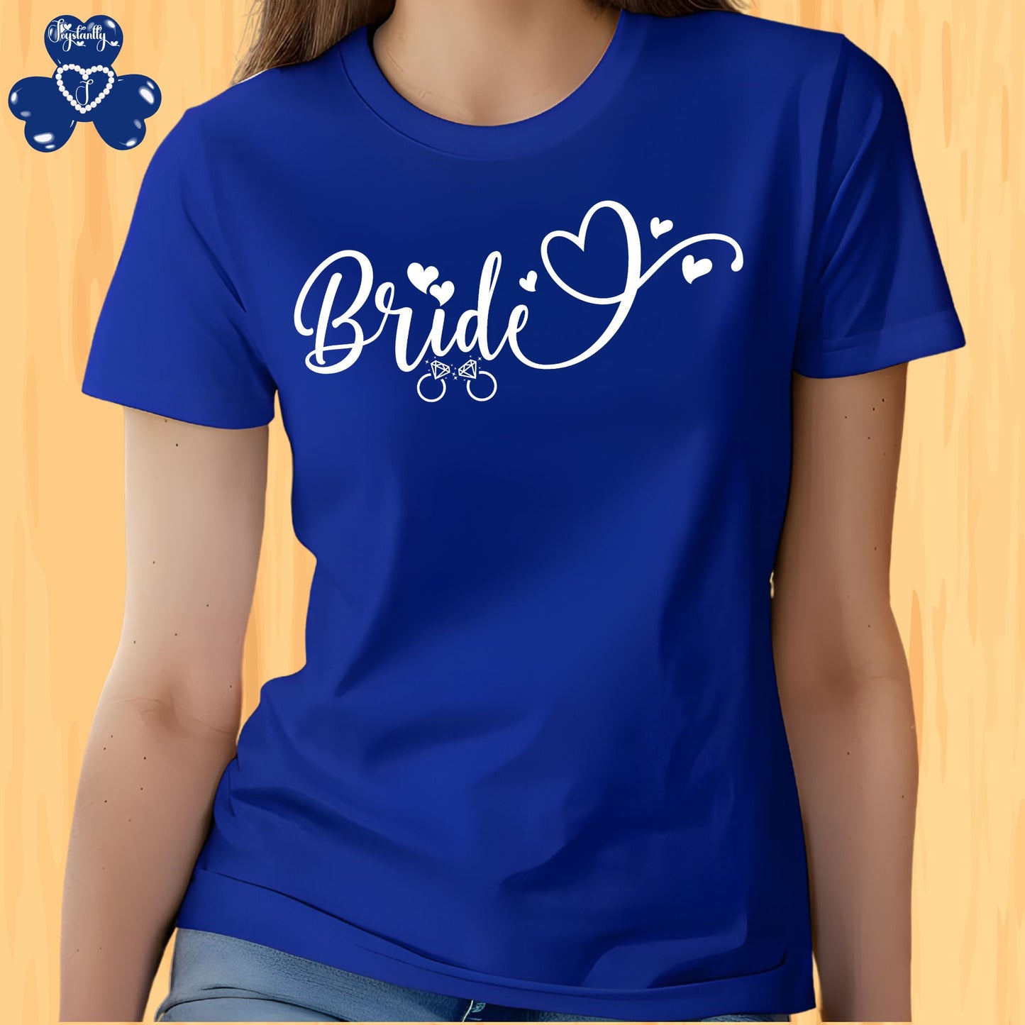 Super Shirt for Engagements, Bachelorettes, Hen and Bridal Parties. Blue t-shirt with 'Bride' text on a wooden background