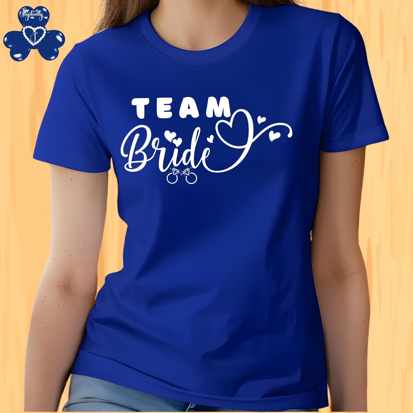 Shirt for Engagements, Bachelorettes, Hen and Bridal Parties. Blue t-shirt with 'Team Bride' text on a wooden background