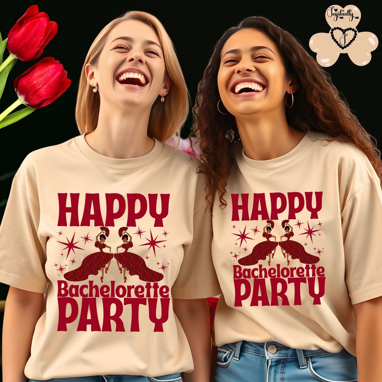Two women wearing 'Happy Bachelorette Party' t-shirts with red tulips in the background.