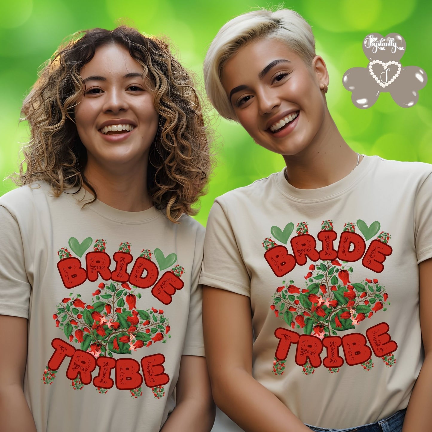Two women wearing 'Bride Tribe' t-shirts against a green background