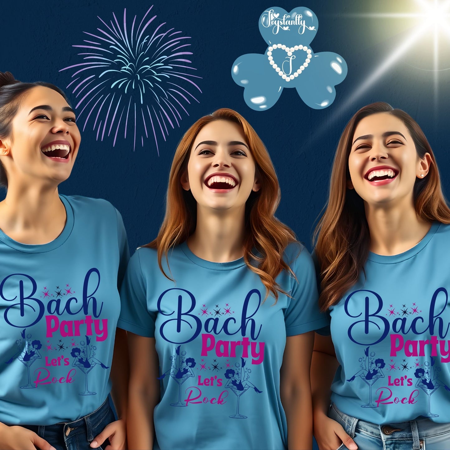 Three women wearing blue 'Bach Party' t-shirts with fireworks and a logo in the background.