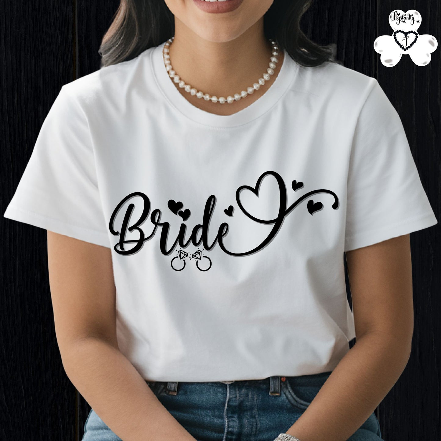 Super Shirt for Engagements, Bachelorettes, Hen and Bridal Parties. White t-shirt with 'Bride' design worn by a person, on a black background