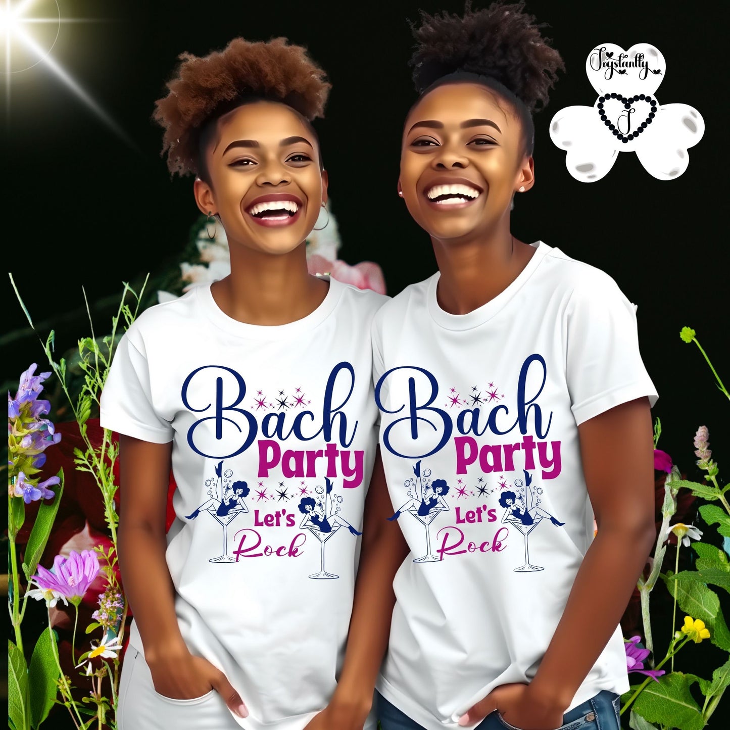 Two women wearing 'Bach Party Let's Rock' t-shirts with a floral background.