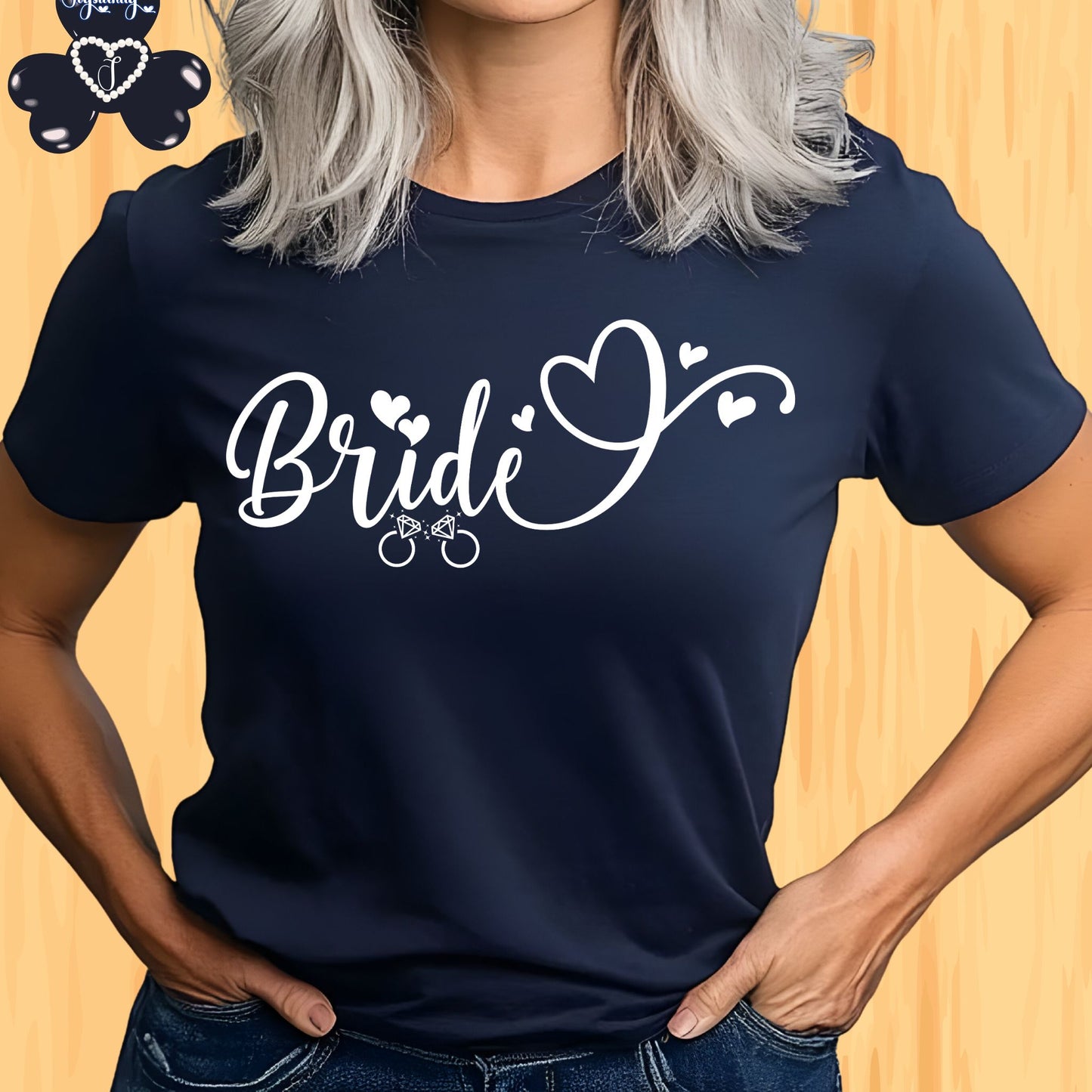 Super Shirt for Engagements, Bachelorettes, Hen and Bridal Parties. Navy blue t-shirt with 'Bride' text on a wooden background