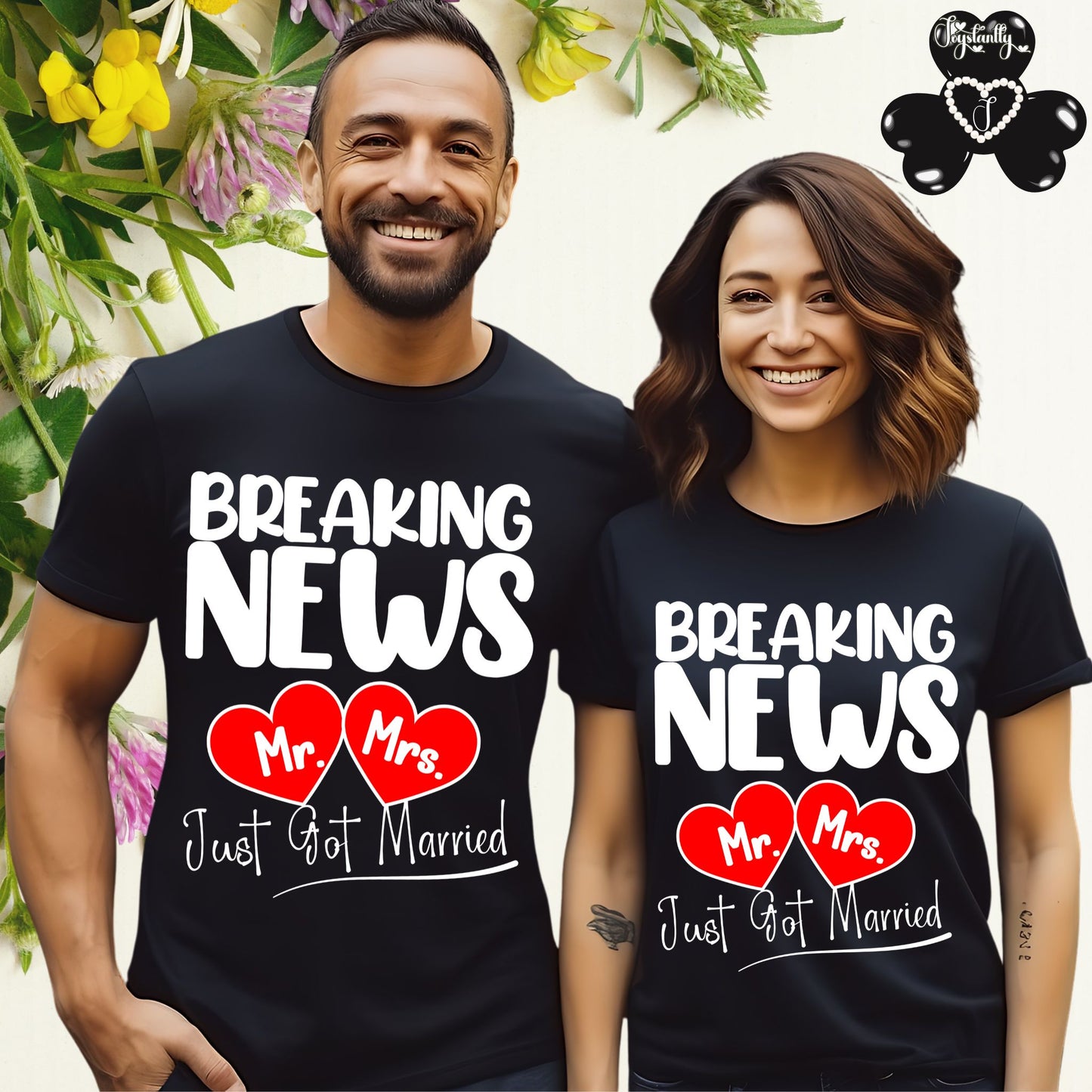 Two people wearing matching black t-shirts with 'Breaking News Mr. Mrs. Just Got Married' text and red hearts.