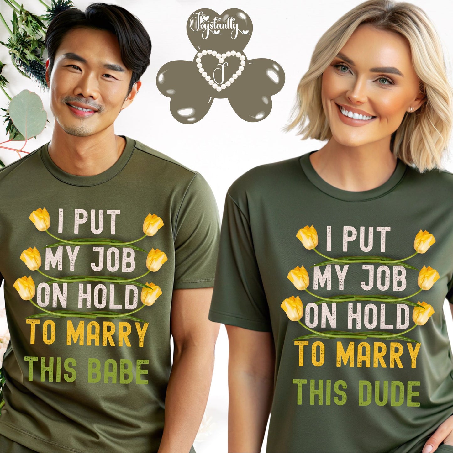 Two people wearing matching green t-shirts with humorous text and yellow tulip graphics.