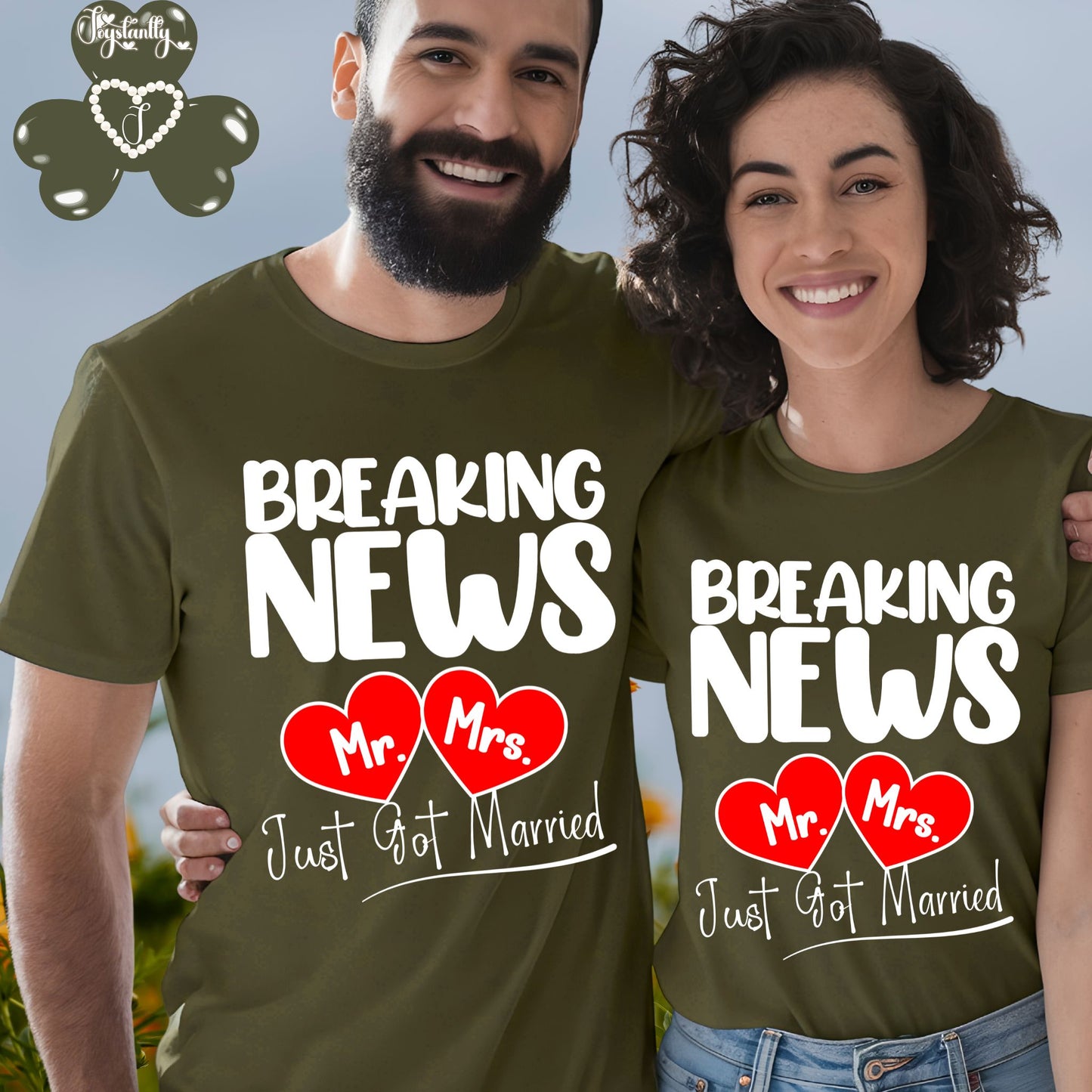 Two people wearing matching green t-shirts with 'Breaking News Mr. and Mrs. Just Got Married' text and heart graphics.
