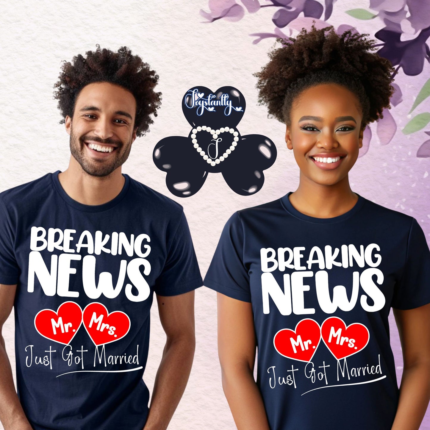 Two people wearing navy blue t-shirts with 'Breaking News Mr. Mrs.