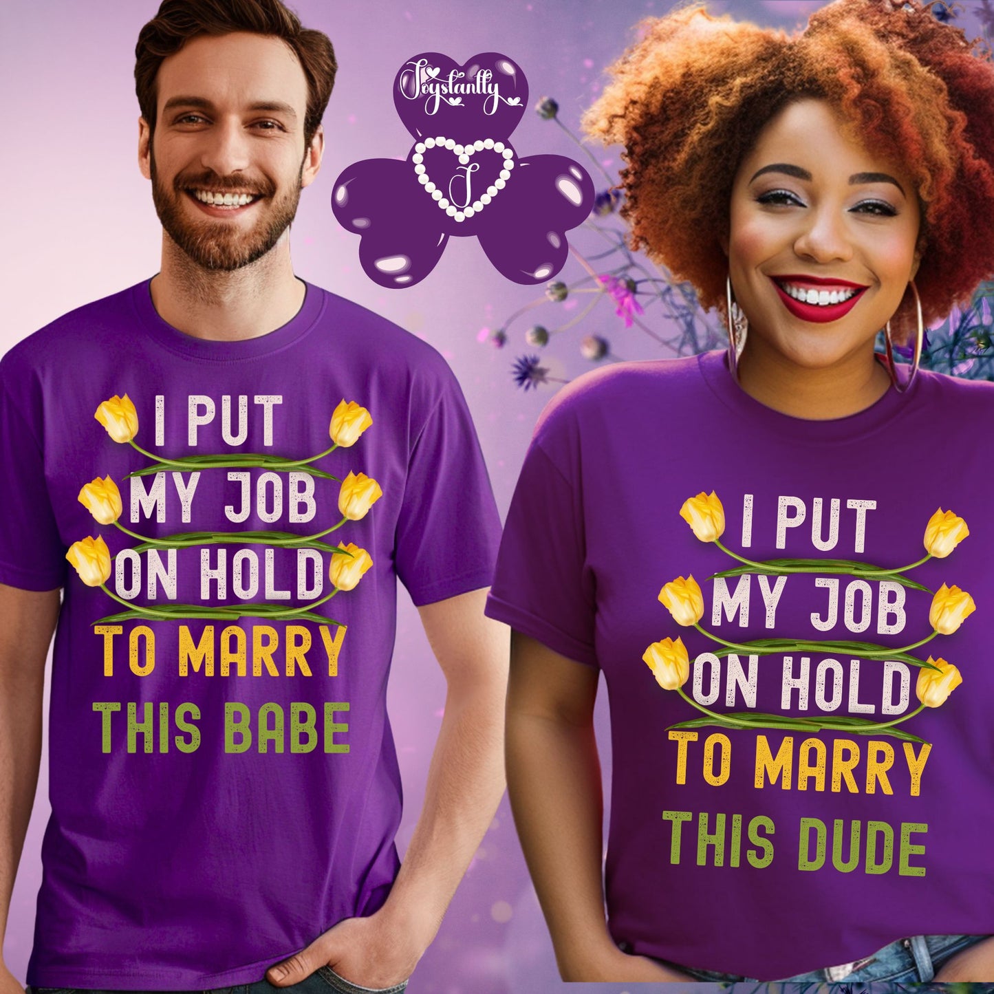 Two people wearing matching purple t-shirts with humorous text on a purple background.