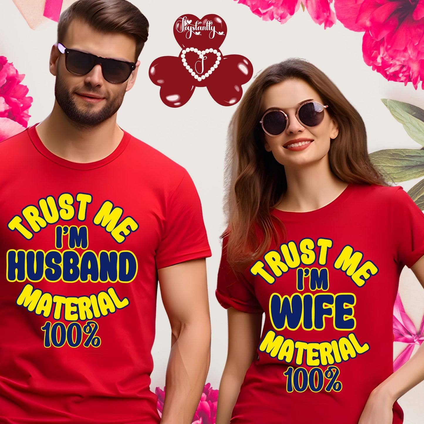 Two people wearing red t-shirts with humorous text, surrounded by pink flowers and decorative elements.
