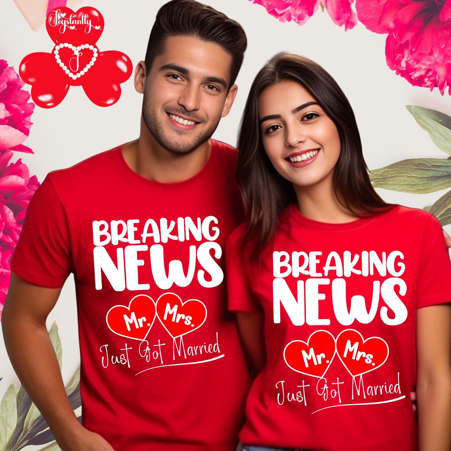 Two people wearing red t-shirts with 'Breaking News Mr. Mrs. Just Got Married' text, surrounded by floral decorations.