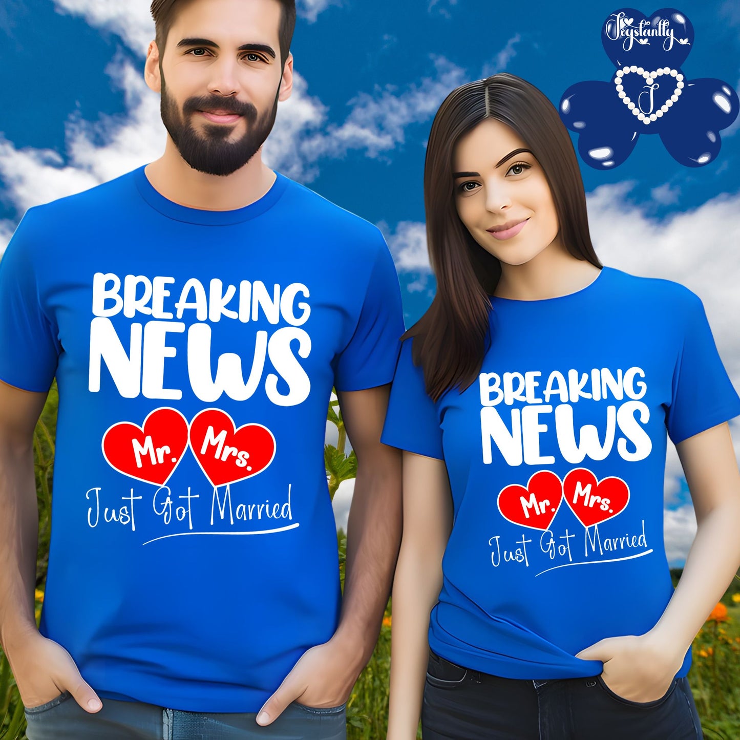 Two people wearing blue t-shirts with 'Breaking News Mr. Mrs.