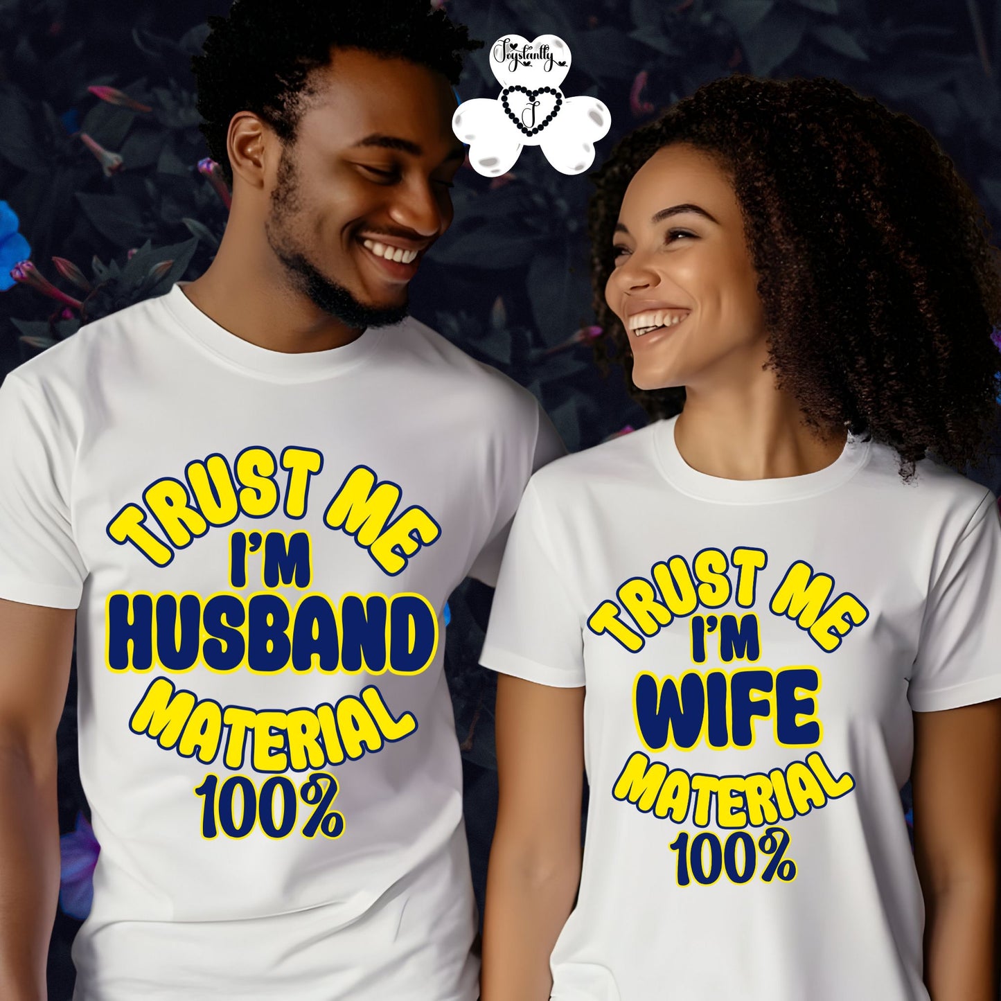 Two people wearing matching t-shirts with humorous text design.