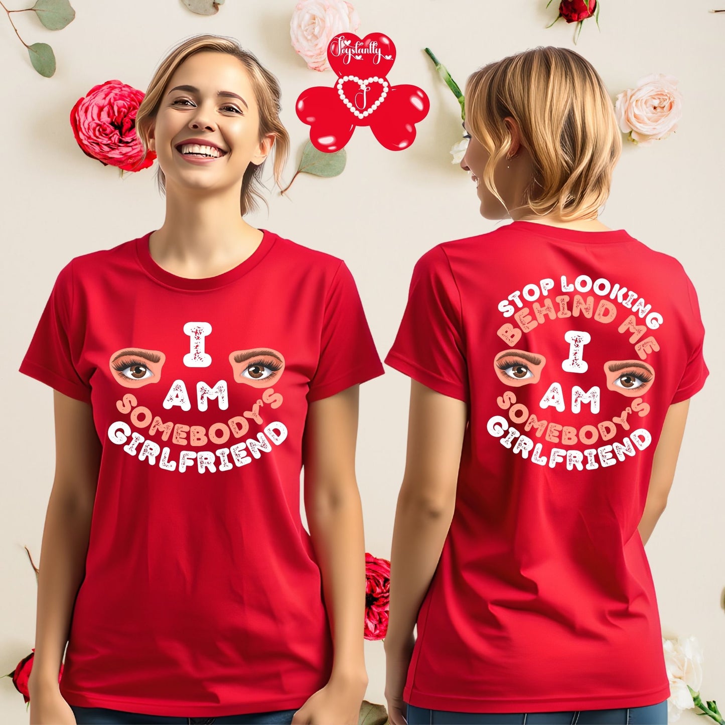 Red t-shirt with text and eye design worn by a person, displayed front and back.