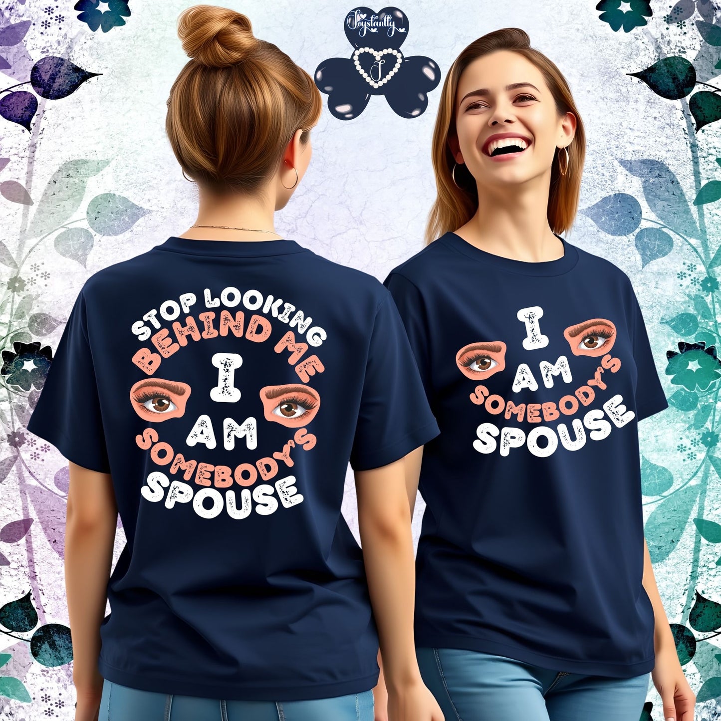 Two people wearing navy blue t-shirts with humorous text designs on a decorative background.