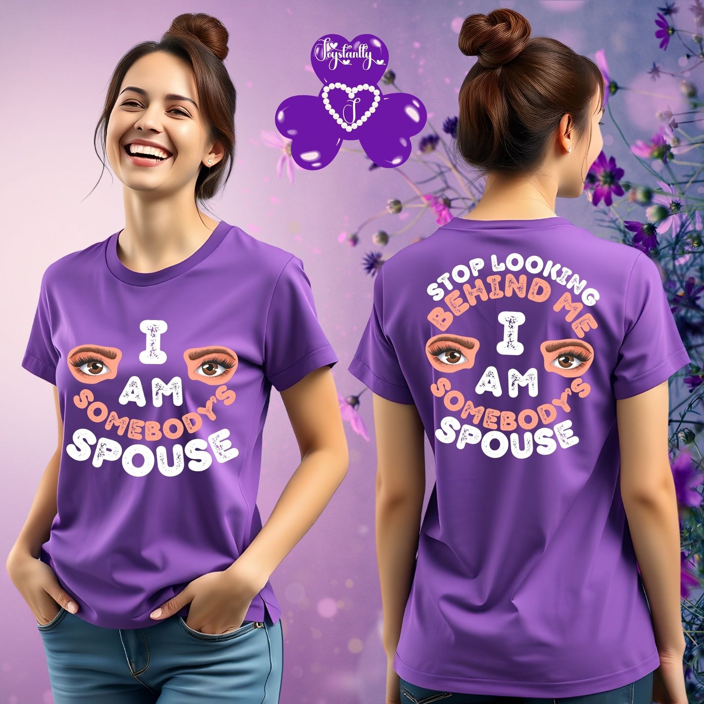 Woman wearing a purple t-shirt with text and a graphic, standing against a floral background.