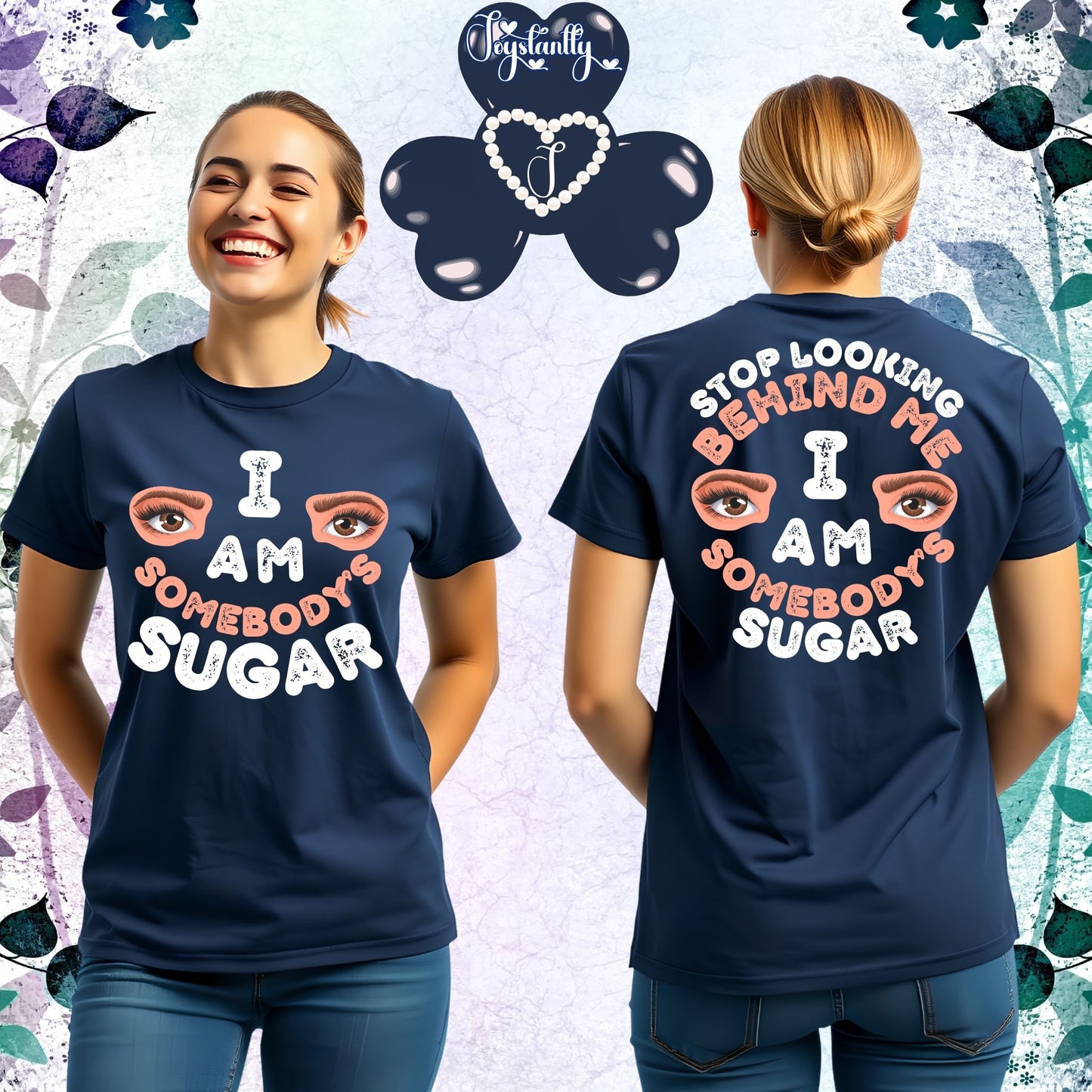 Navy blue t-shirt with colorful text and eye graphics worn by a person, displayed front and back.