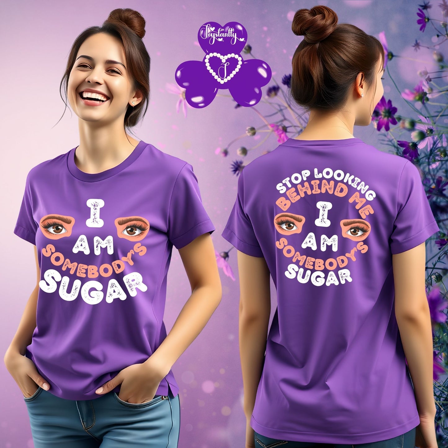 Woman wearing a purple t-shirt with a motivational message, standing against a floral background.
