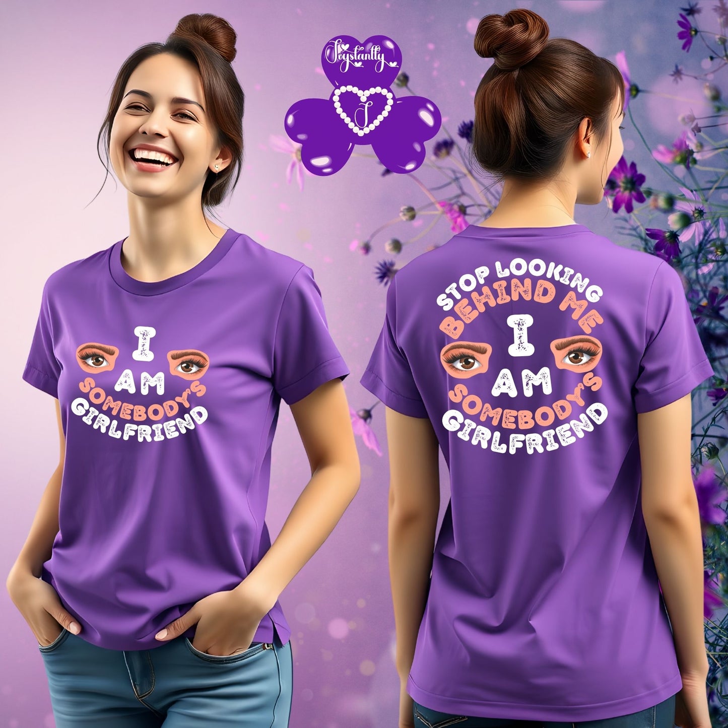 Woman wearing a purple t-shirt with text and eye graphics, displayed front and back.