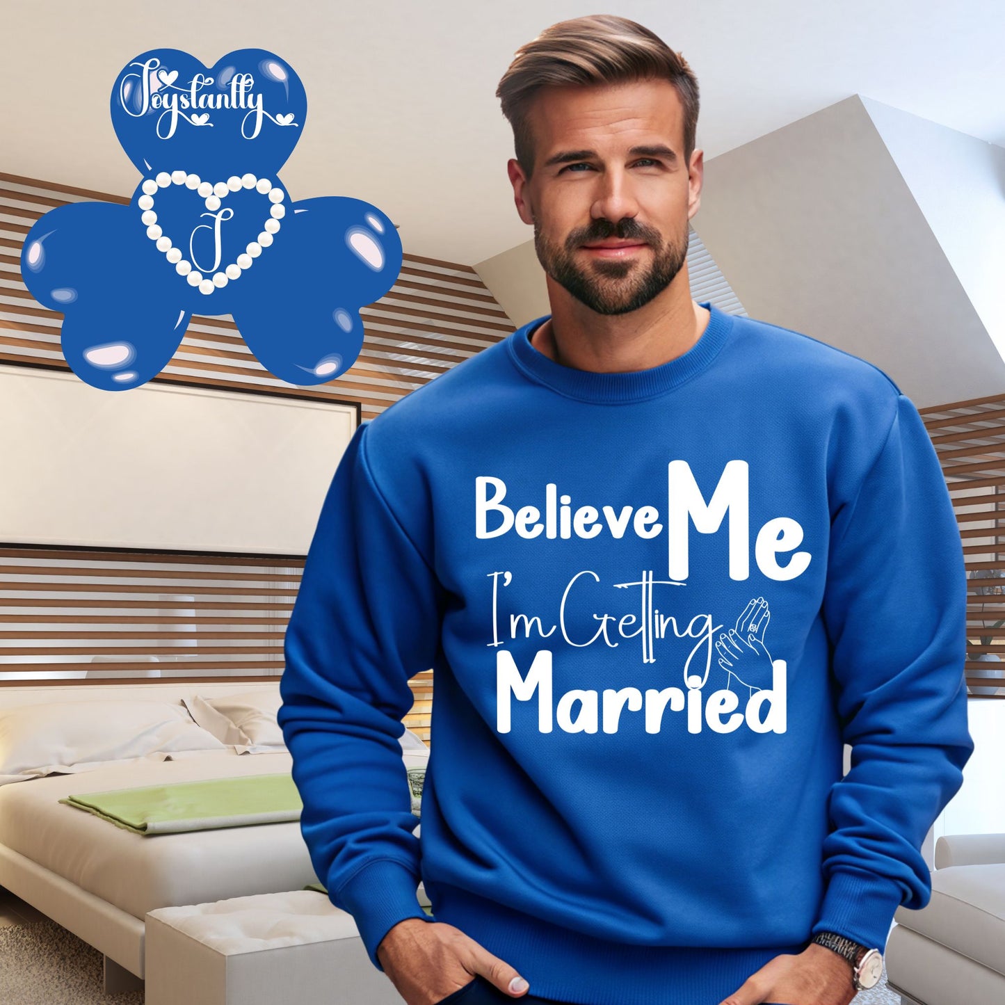 Royal blue sweatshirt for groom's bachelorette party.