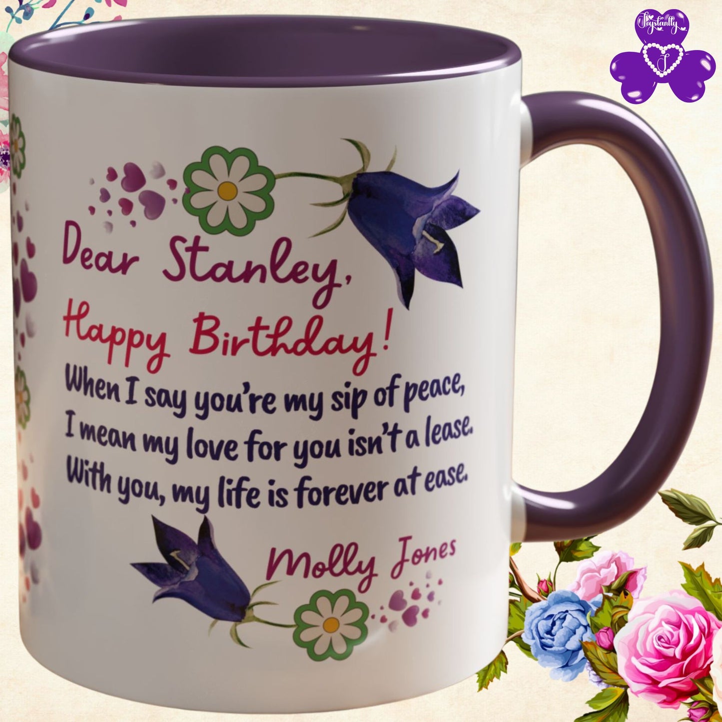 Personalized Birthday Mug for Husbands. Mug with floral design and birthday message on a light background