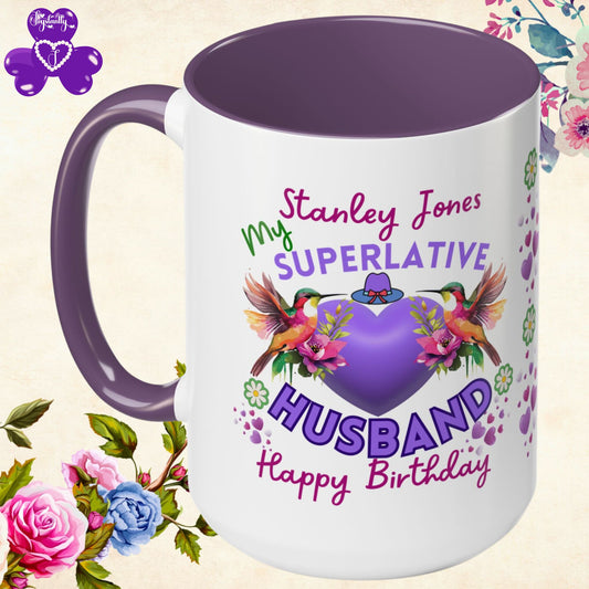 Personalized Birthday Mug for Husbands. Mug with personalized message and floral design on a floral background